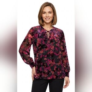 NWT Elie Tahari Woman Floral Tie-Neck Blouse - Pink/Magenta Size 2X